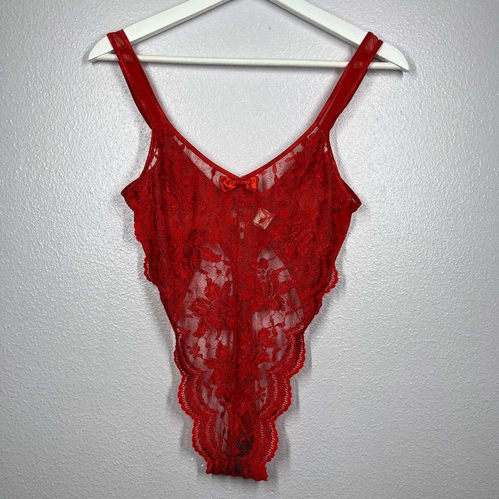 Victoria's Secret Vintage Gold Crown Label Red Lace G String Thong Teddy S